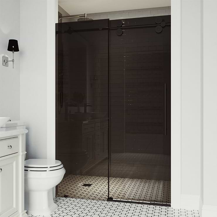 Gemello 72x74 Reversible Sliding Shower Door with Black Glass in Matte Black