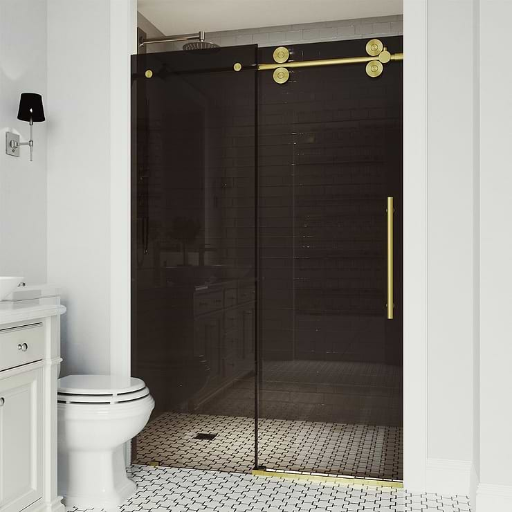 Gemello 72x74 Reversible Sliding Shower Door with Black Glass in Brushed Gold