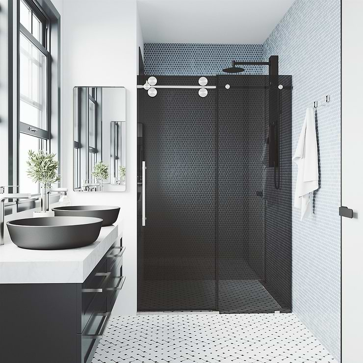 Gemello 72x74 Reversible Sliding Shower Door with Black Glass in Stainless Steel