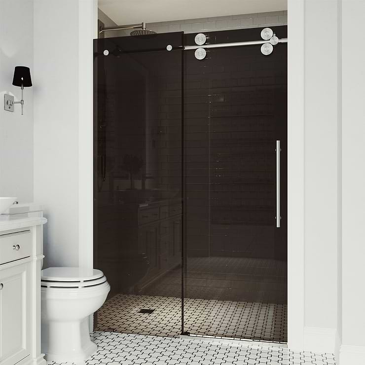 Gemello 72x74 Reversible Sliding Shower Door with Black Glass in Stainless Steel