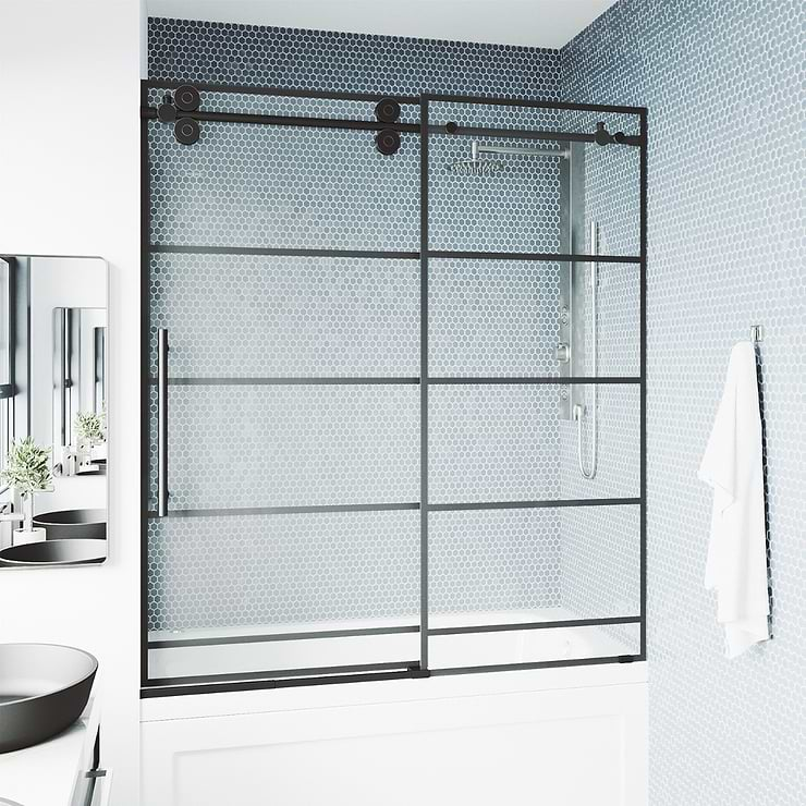 Gemello 60x66 Reversible Sliding Bathtub Door with Grid Glass in Matte Black