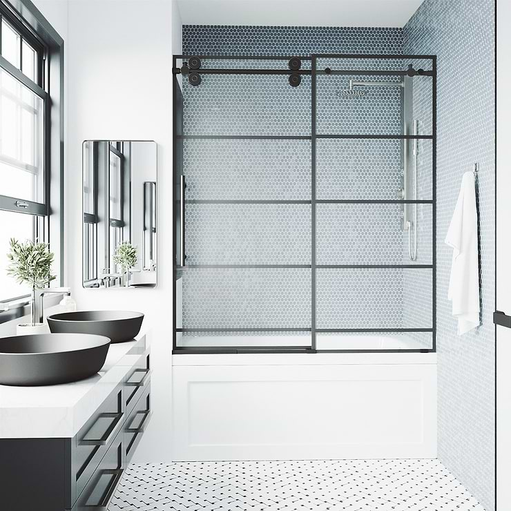 Gemello 60x66 Reversible Sliding Bathtub Door with Grid Glass in Matte Black