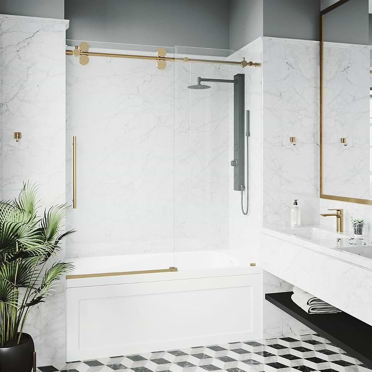 Gemello 60x66 Reversible Sliding Bathtub Door with Clear Glass in Brushed Gold