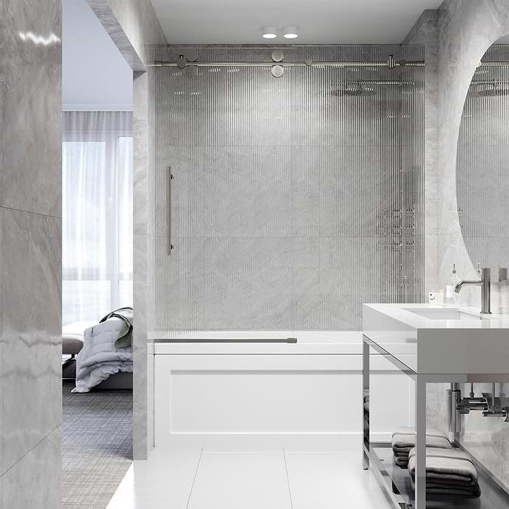 Gemello 60x66 Left Sliding Bathtub Door with Fluted Glass in Stainless Steel