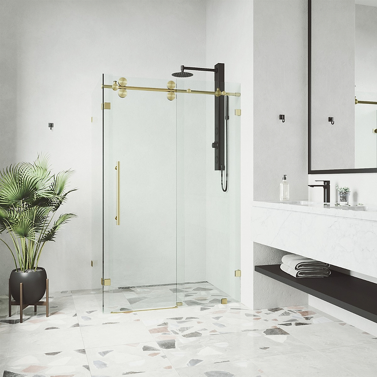 Legato 36x48x74 Reversible Sliding Enclosure Shower Door with Clear Glass in Brushed Gold