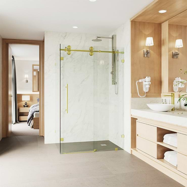 Legato 36x48x74 Reversible Sliding Enclosure Shower Door with Clear Glass in Brushed Gold