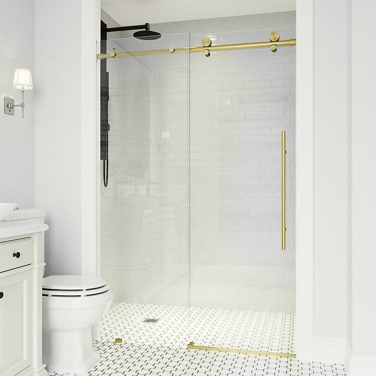 Volare 60x76 Reversible Sliding Shower Door with Clear Glass in Brushed Gold