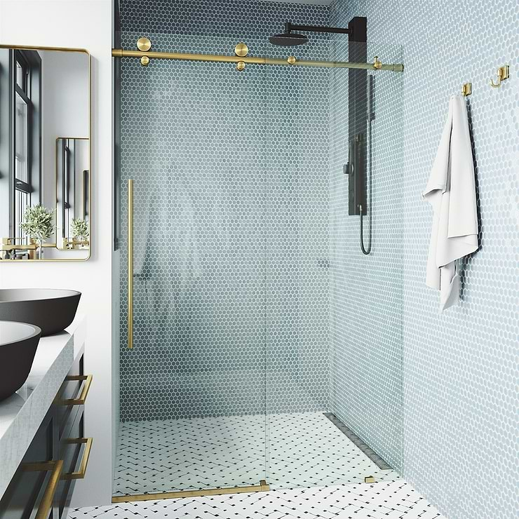 Volare 60x76 Reversible Sliding Shower Door with Clear Glass in Brushed Gold