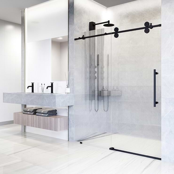 Gemello 60x74 Right Sliding Shower Door with Fluted Glass in Matte Black