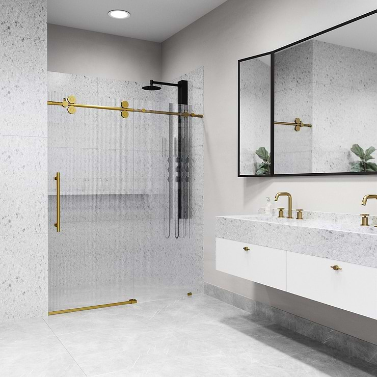 Gemello 60x74 Left Sliding Shower Door with Fluted Glass in Brushed Gold