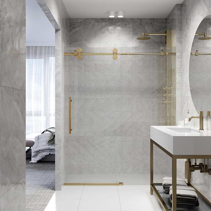 Gemello 60x74 Left Sliding Shower Door with Fluted Glass in Brushed Gold