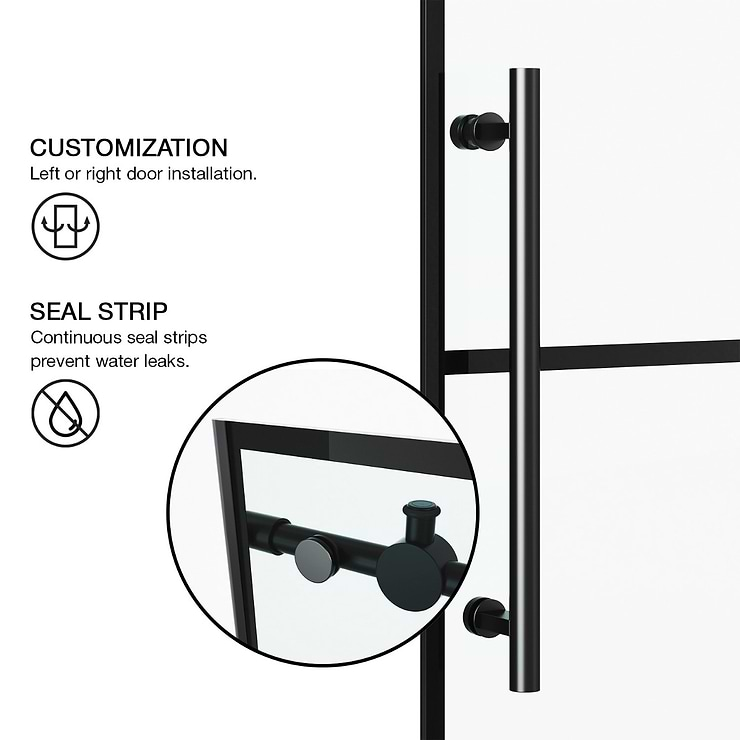 Gemello 60x74 Reversible Sliding Shower Door with Grid Glass in Matte Black