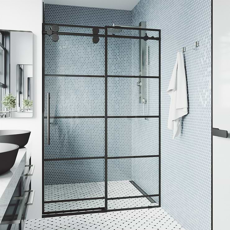 Gemello 60x74 Reversible Sliding Shower Door with Grid Glass in Matte Black