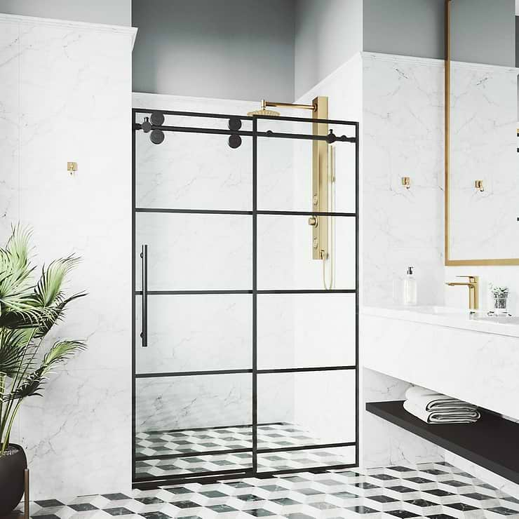 Gemello 60x74 Reversible Sliding Shower Door with Grid Glass in Matte Black