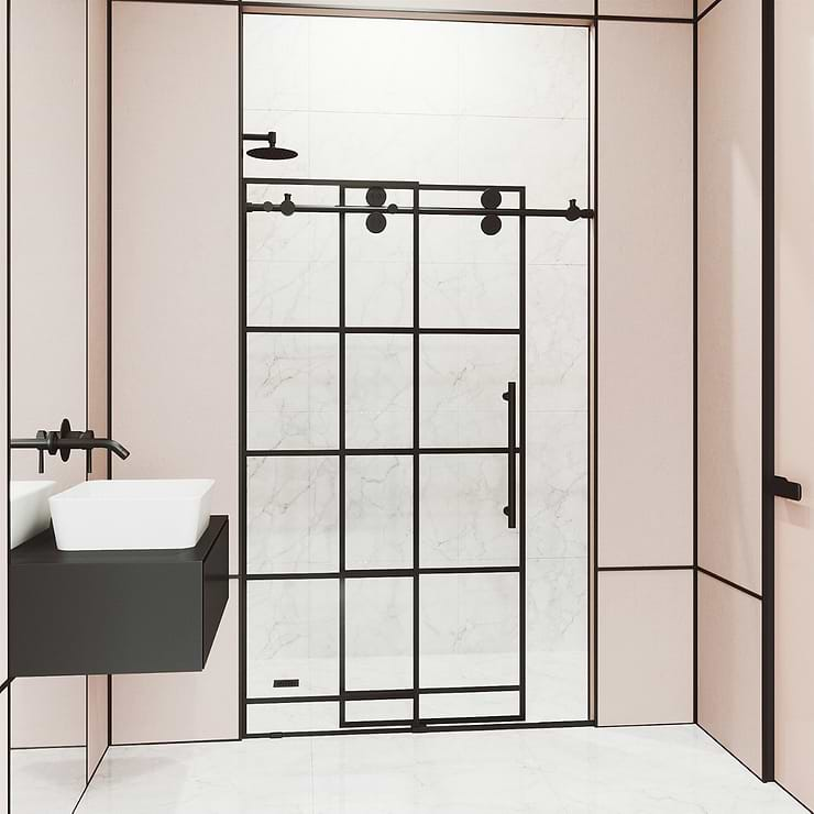 Gemello 60x74 Reversible Sliding Shower Door with Grid Glass in Matte Black