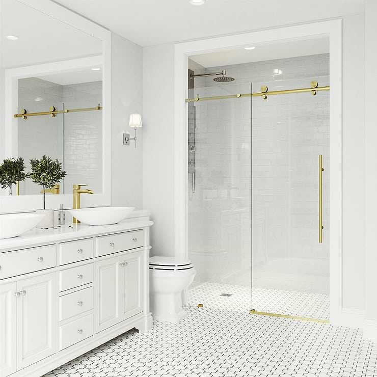 Volare 72x76 Reversible Sliding Shower Door with Clear Glass in Brushed Gold