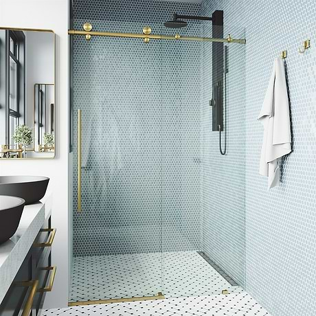 Volare 72x76 Reversible Sliding Shower Door with Clear Glass in Brushed Gold