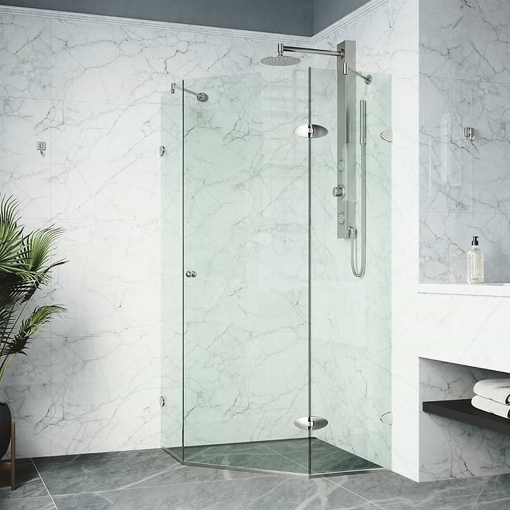 Angelo 42x42x74 Reversible Hinged Enclosure Shower Door with Clear Glass in Brushed Nickel