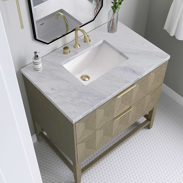 James Martin Vanities Emmeline Pebble Oak 36" Single Vanity with Carrara Marble Counter