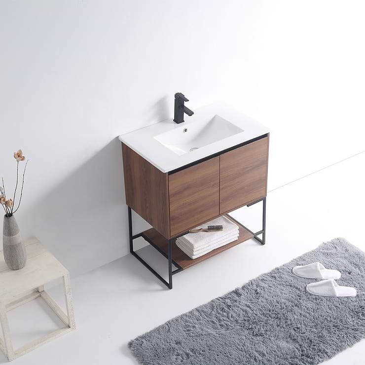 Amani 30" Walnut Brown Single Vanity with White Integrated Top