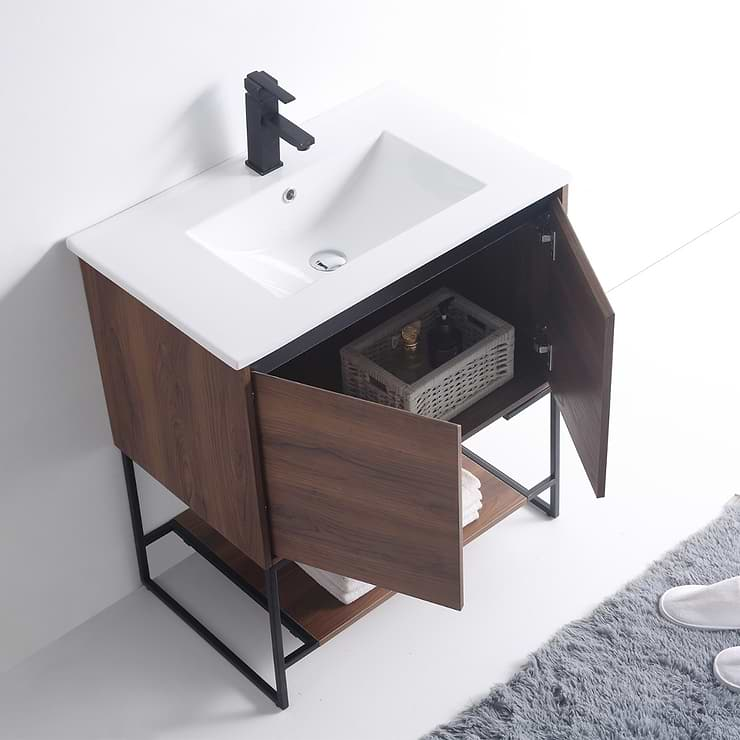 Amani 30" Walnut Brown Single Vanity with White Integrated Top