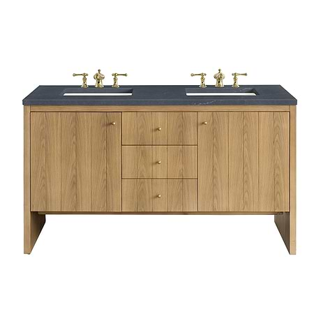 James Martin Vanities Hudson Light Natural Oak Brown 60"  Double Vanity with Charcoal Soapstone Quartz Top