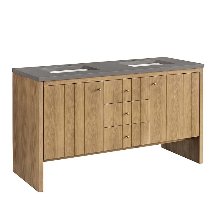 James Martin Vanities Hudson Light Natural Oak Brown 60"  Double Vanity with Gray Expo Quartz Top