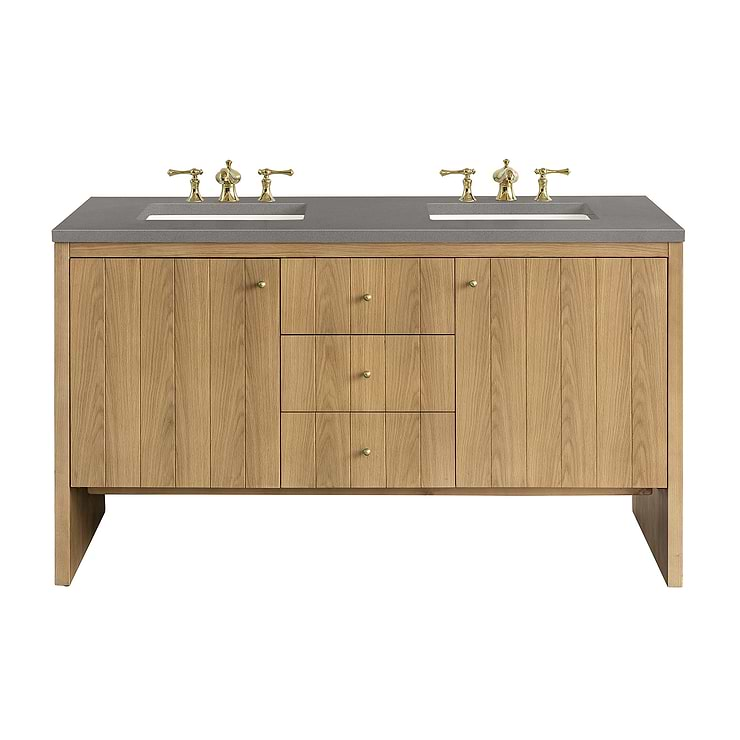 James Martin Vanities Hudson Light Natural Oak Brown 60"  Double Vanity with Gray Expo Quartz Top