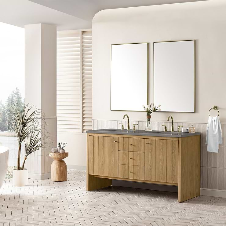 James Martin Vanities Hudson Light Natural Oak Brown 60"  Double Vanity with Gray Expo Quartz Top