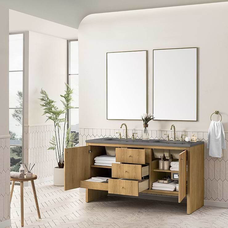 James Martin Vanities Hudson Light Natural Oak Brown 60"  Double Vanity with Gray Expo Quartz Top