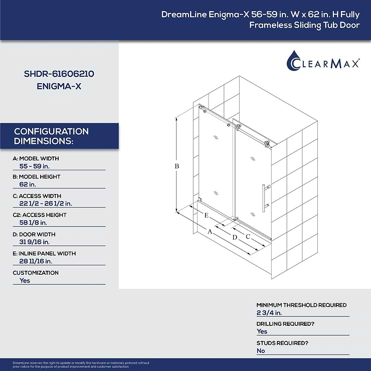 DreamLine Enigma-X 60x62 Reversible Sliding Bathtub Door with Clear Glass in Polished Stainless Steel