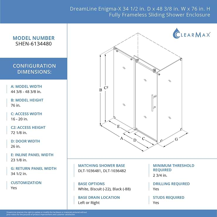 DreamLine Enigma-X 48x36x76 Reversible Sliding Enclosure Shower Door with Clear Glass in Polished Stainless Steel