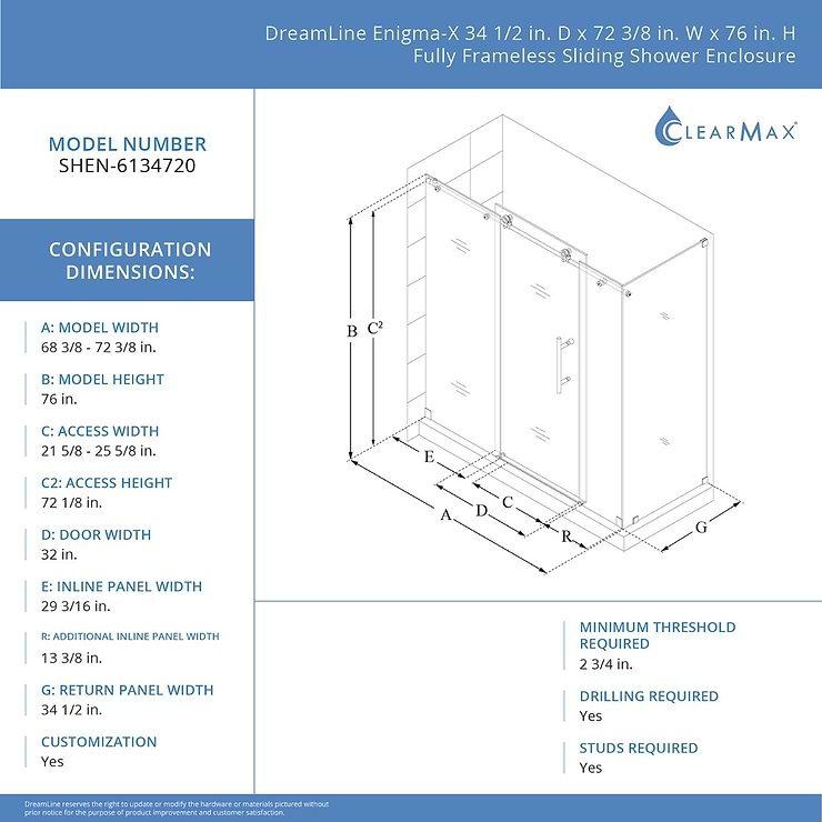 DreamLine Enigma-X 72x36x76 Reversible Sliding Enclosure Shower Door with Clear Glass in Polished Stainless Steel