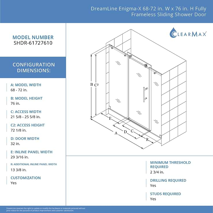 DreamLine Enigma-X 72x76 Reversible Sliding Shower Alcove Door with Clear Glass in Brushed Stainless Steel