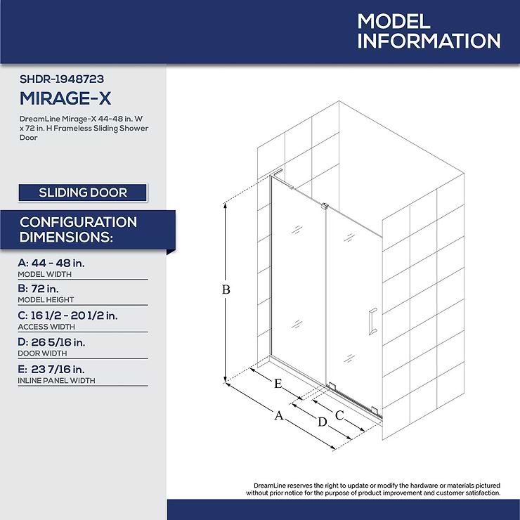 DreamLine Mirage-X 48x72 Left Sliding Shower Alcove Door with Clear Glass in Brushed Nickel