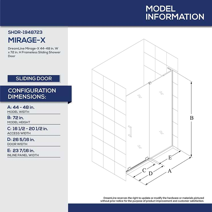 DreamLine Mirage-X 48x72 Right Sliding Shower Alcove Door with Clear Glass in Brushed Gold