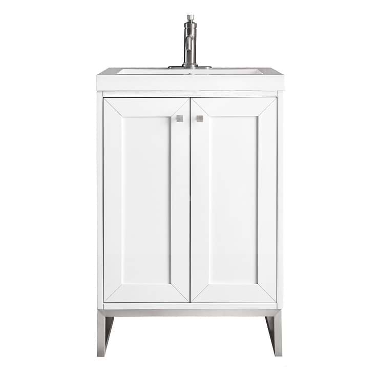 James Martin Vanities Chianti Glossy White 24" Single Vanity with Brushed Nickel Hardware and White Counter
