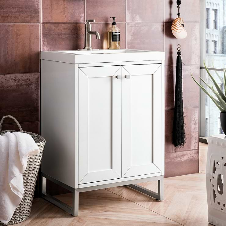 James Martin Vanities Chianti Glossy White 24" Single Vanity with Brushed Nickel Hardware and White Counter