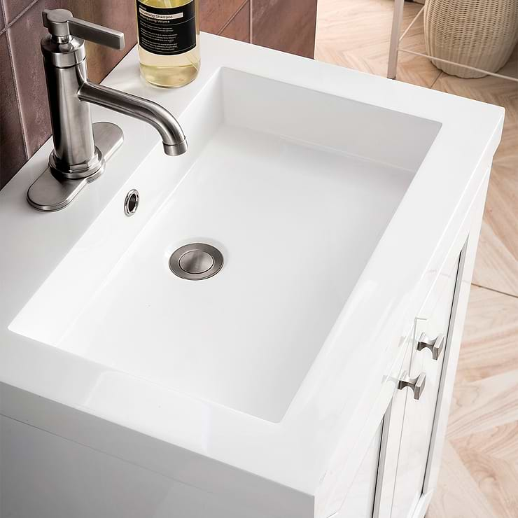 James Martin Vanities Chianti Glossy White 24" Single Vanity with Brushed Nickel Hardware and White Counter