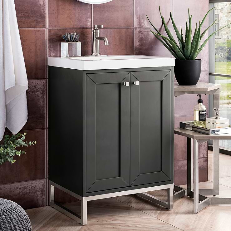 James Martin Vanities Chianti Mineral Gray 24" Single Vanity with Brushed Nickel Hardware and White Counter