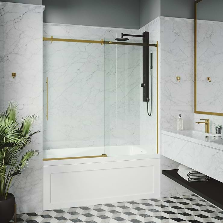 Acqua 60x58 Reversible Sliding Bathtub Door with Clear Glass in Brushed Gold