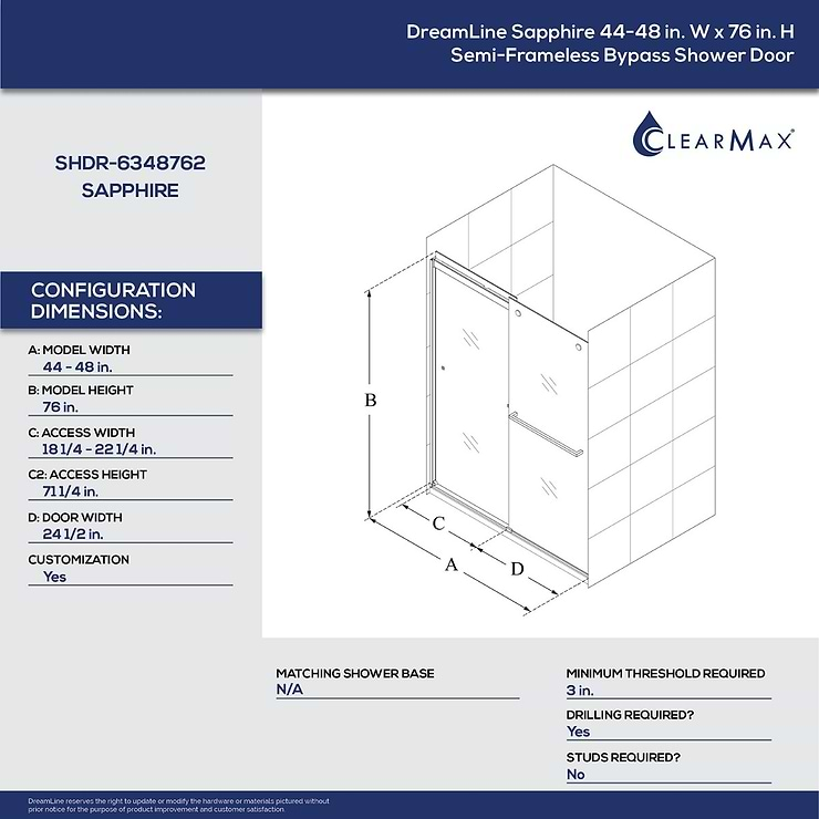 DreamLine Sapphire 48x76 Reversible Sliding Shower Alcove Door with Clear Glass in Chrome