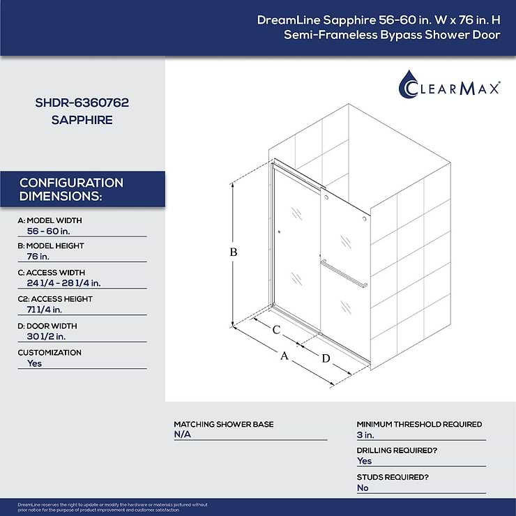 DreamLine Sapphire 60x76 Reversible Sliding Shower Alcove Door with Clear Glass in Brushed Nickel