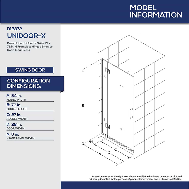 DreamLine Unidoor-X 34x72 Reversible Hinged Shower Alcove Door with Clear Glass in Brushed Nickel