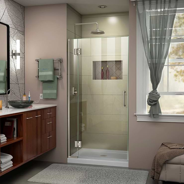 DreamLine Unidoor-X 34x72 Reversible Hinged Shower Alcove Door with Clear Glass in Brushed Nickel