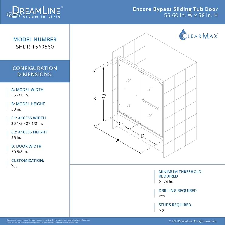 DreamLine Encore 60"x58" Reversible Sliding Bathtub Door with Clear Glass in Brushed Nickel