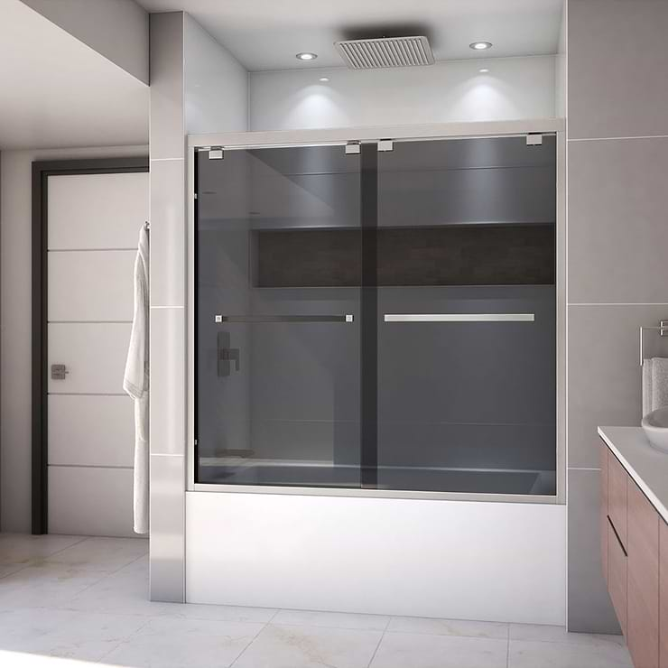 DreamLine Encore 60"x58" Reversible Sliding Bathtub Door with Smoke Gray Glass in Brushed Nickel