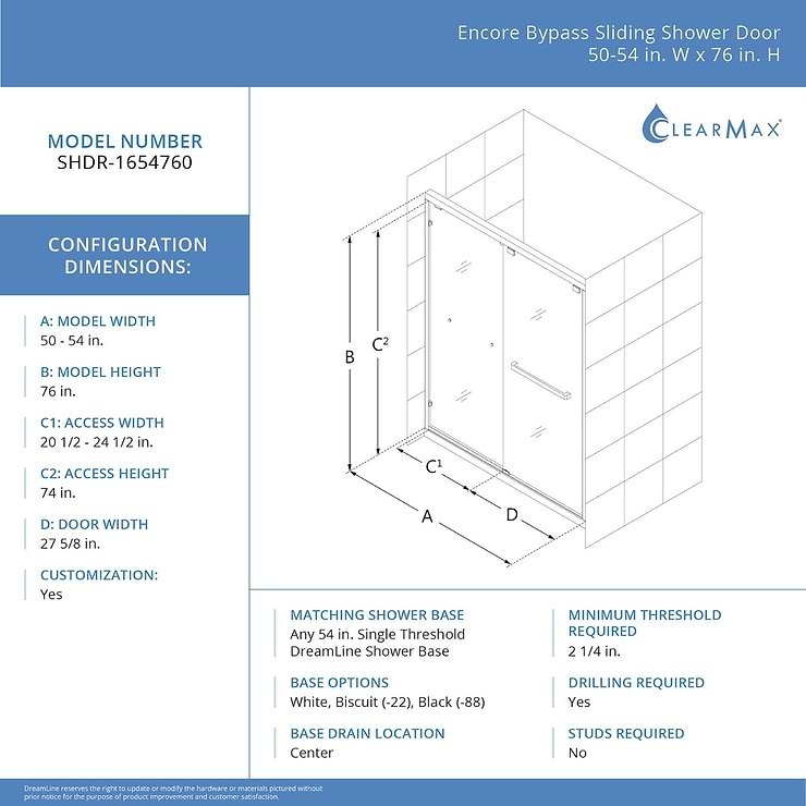 DreamLine Encore 54"x76" Reversible Sliding Shower Alcove Door with Clear Glass in Brushed Nickel