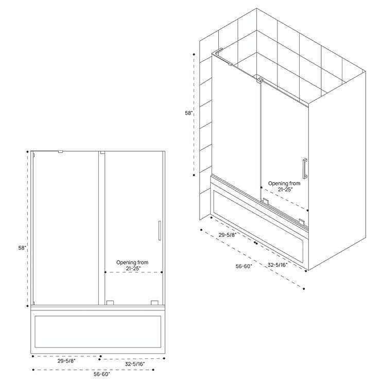 DreamLine Mirage-Z 60x58" Reversible Sliding Bathtub Door with Clear Glass in Brushed Nickel