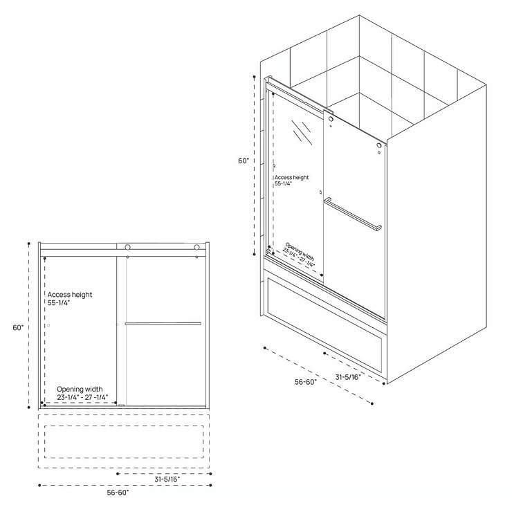 DreamLine Essence-H 60x60" Reversible Sliding Bathtub Door with Clear Glass in Brushed Nickel